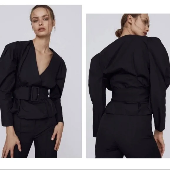 NWT* Zara Belted Puff Shoulder Poplin Wrap Blouse Black Top Shirt - Picture 4 of 12